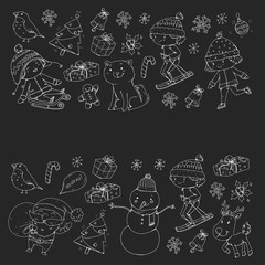 Merry Christmas celebration with children. Kids drawing illustration with ski, gifts, Santa Claus, snowman. Boys and girls play and have fun. School and kindergarten, preschool children