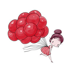 Cute girl flying on balloons against the backdrop of a white. Vector Illustration hand drawing.