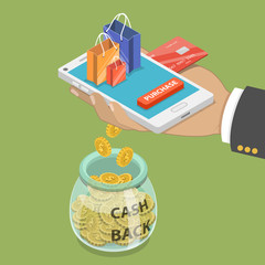 Cash back flat isometric vector concept of loyalty program campaign, money refund.