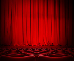 theatre red curtain on stage with velvet seats 3d illustration