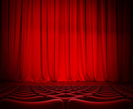 theatre red curtain on stage with velvet seats 3d illustration