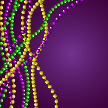 Mardi Gras Beads Card Vector Purple Background Template With Copy Space.