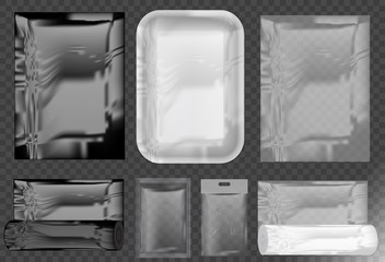 Set of transparent plastic packaging.Food packaging,transparent plastic bag.Packs for food storage,bags for waste,food container.Fast food packaging.Vector set mock up.