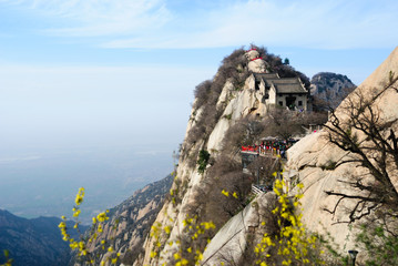 Blossoming trees and houses on the top of Huashan mountain, China. Spring time.