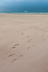 Footprint on the sand, on a beach, france