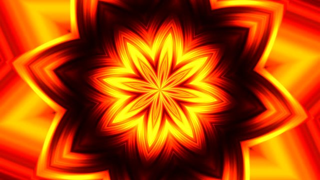 Fondo de movimiento abstracto con vista de caleidoscopio con formas de flores que se abren y cierran con cambio de movimiento en formas y colores rojo , naranja y negro