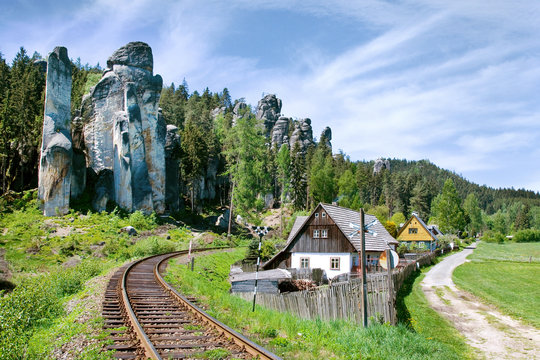 limestone Adrspach rock town and quarry lake - National park of Adrspach - Teplice rocks, East Bohemia, czech republic