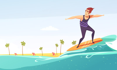 Obraz na płótnie Canvas Surfing Tropical Beach Cartoon Poster 