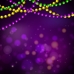 Mardi gras bead garlands and bokeh card vector purple background template. - obrazy, fototapety, plakaty