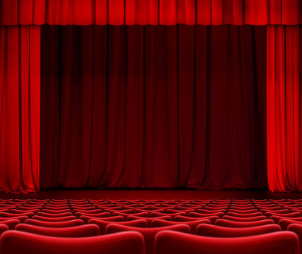 red curtain on theater stage with seats 3d illustration