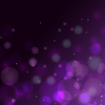 Violet purple bokeh gradient vector background. Light glare spots card template.