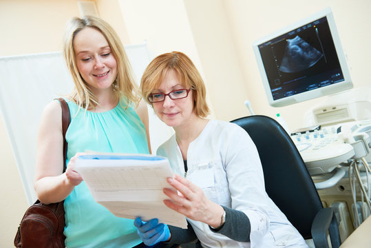 Ultrasound scan. Pregnancy. Gynecologist with patient and documents before test
