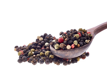 Seasoning - four kinds of pepper peas - isolated on white background