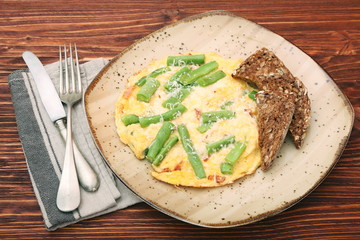 Scrambled eggs with green beans and toast, healthy and nutrition