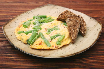 Scrambled eggs with green beans and toast, healthy and nutrition