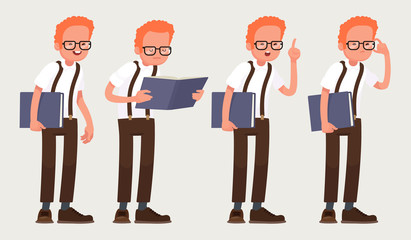 Set character nerd . Clever guy with glasses with a book in his hands. Vector illustration in a flat style - obrazy, fototapety, plakaty