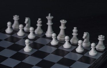 White chess figures on board. White chess set in order for game start.