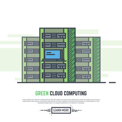 Server room with three big towers. Cloud computing banner. Green eco friendly power for cloud computing. Hosting provider or network system. Trendy line vector illustration.