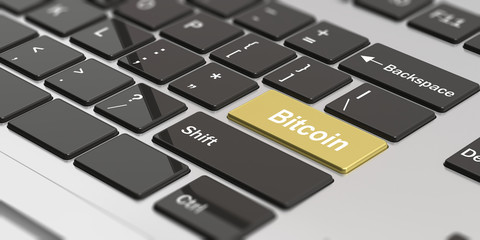 Fototapeta premium Cryptocurrency. Word bitcoin on the golden enter key of a laptop. 3d illustration