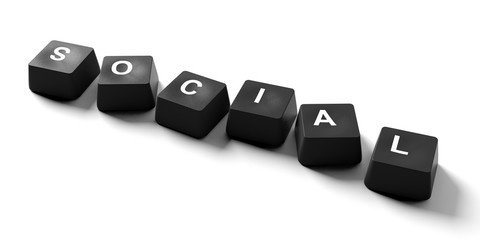 Social written on keyboard keys on white background, banner, view from above. 3d illustration