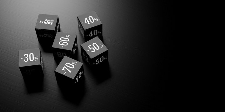 Black Friday sale concept. Black discount cubes on black background, banner, copy space. 3d illustration