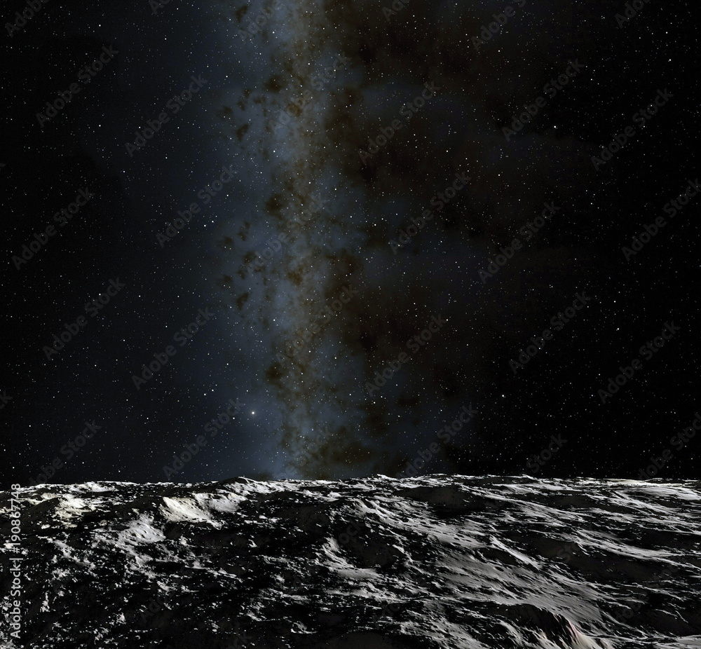 Wall mural moon surface. realistic 3d render of moon and space. space and planet. satellite. nebula. stars. ele