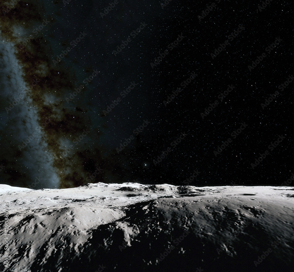 Canvas Prints moon surface. realistic 3d render of moon and space. space and planet. satellite. nebula. stars. ele