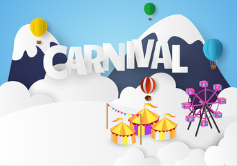 Naklejka premium Vector illustration of the carnival funfair Paper cut design.