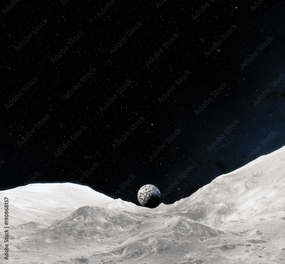 Canvas Prints moon surface. realistic 3d render of moon and space. space and planet. satellite. nebula. stars. ele