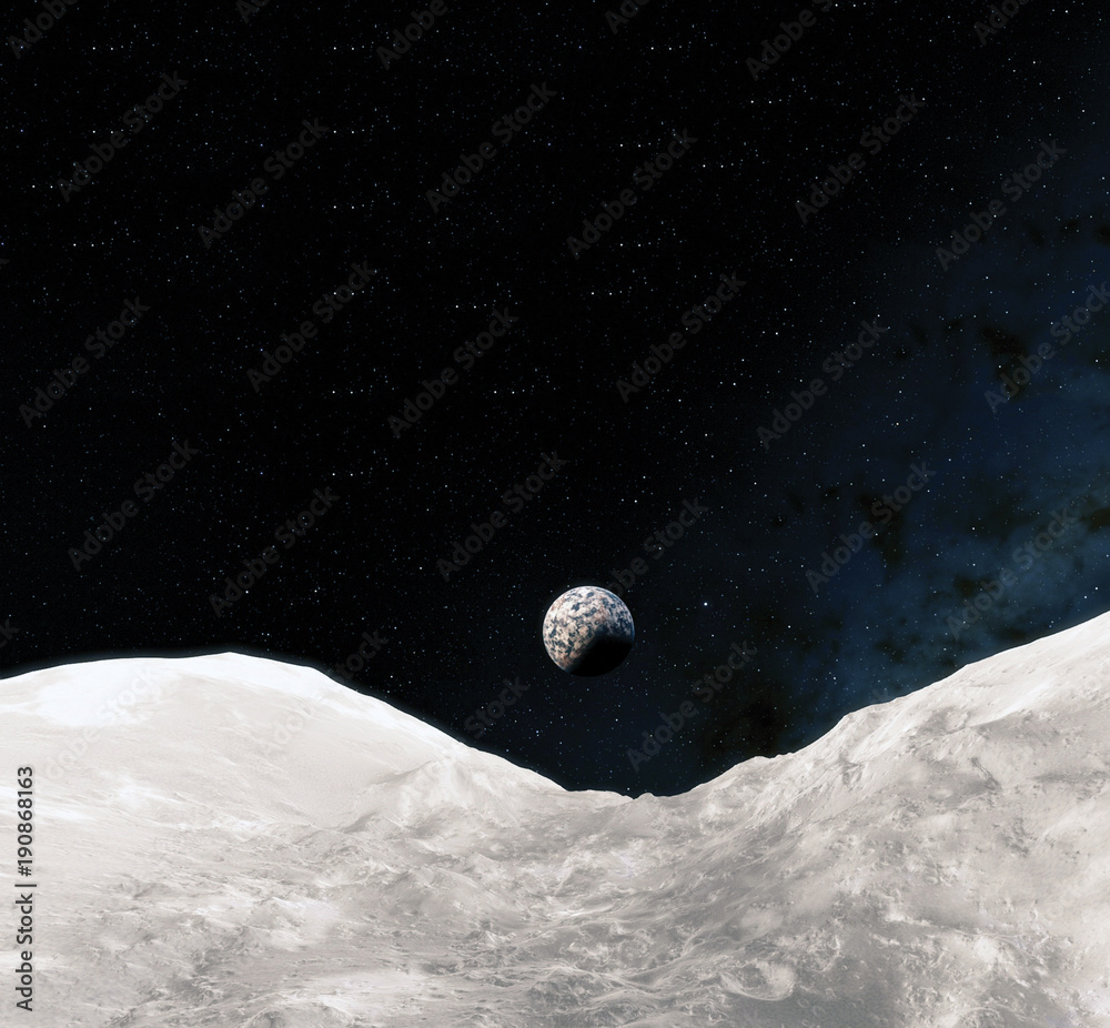 Wall mural moon surface. realistic 3d render of moon and space. space and planet. satellite. nebula. stars. ele