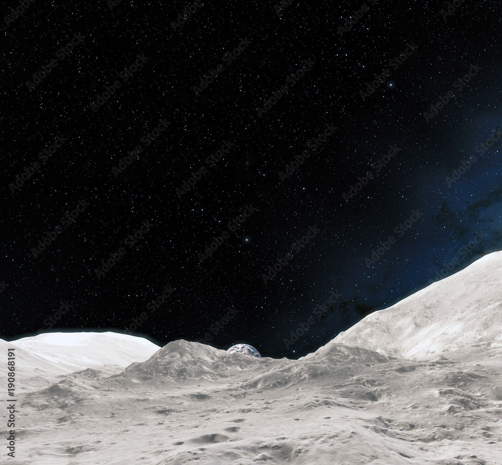 Canvas Prints moon surface. realistic 3d render of moon and space. space and planet. satellite. nebula. stars. ele