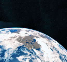 Plakat 3D Rendering World Globe from Space in a Star Field Showing Night Sky With Stars and Nebula. View of Earth From Space. Elements of this image furnished by NASA