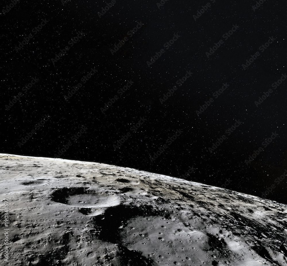 Canvas Prints moon surface. realistic 3d render of moon and space. space and planet. satellite. nebula. stars. ele