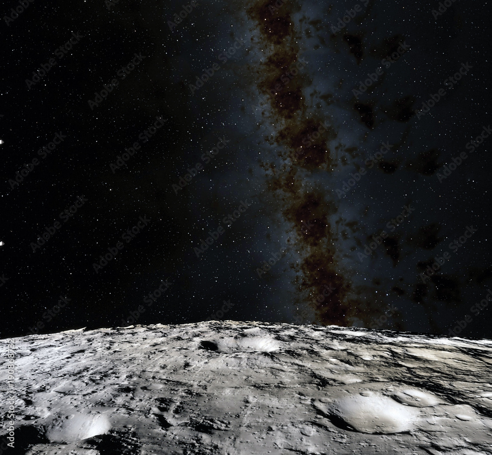 Canvas Prints moon surface. realistic 3d render of moon and space. space and planet. satellite. nebula. stars. ele