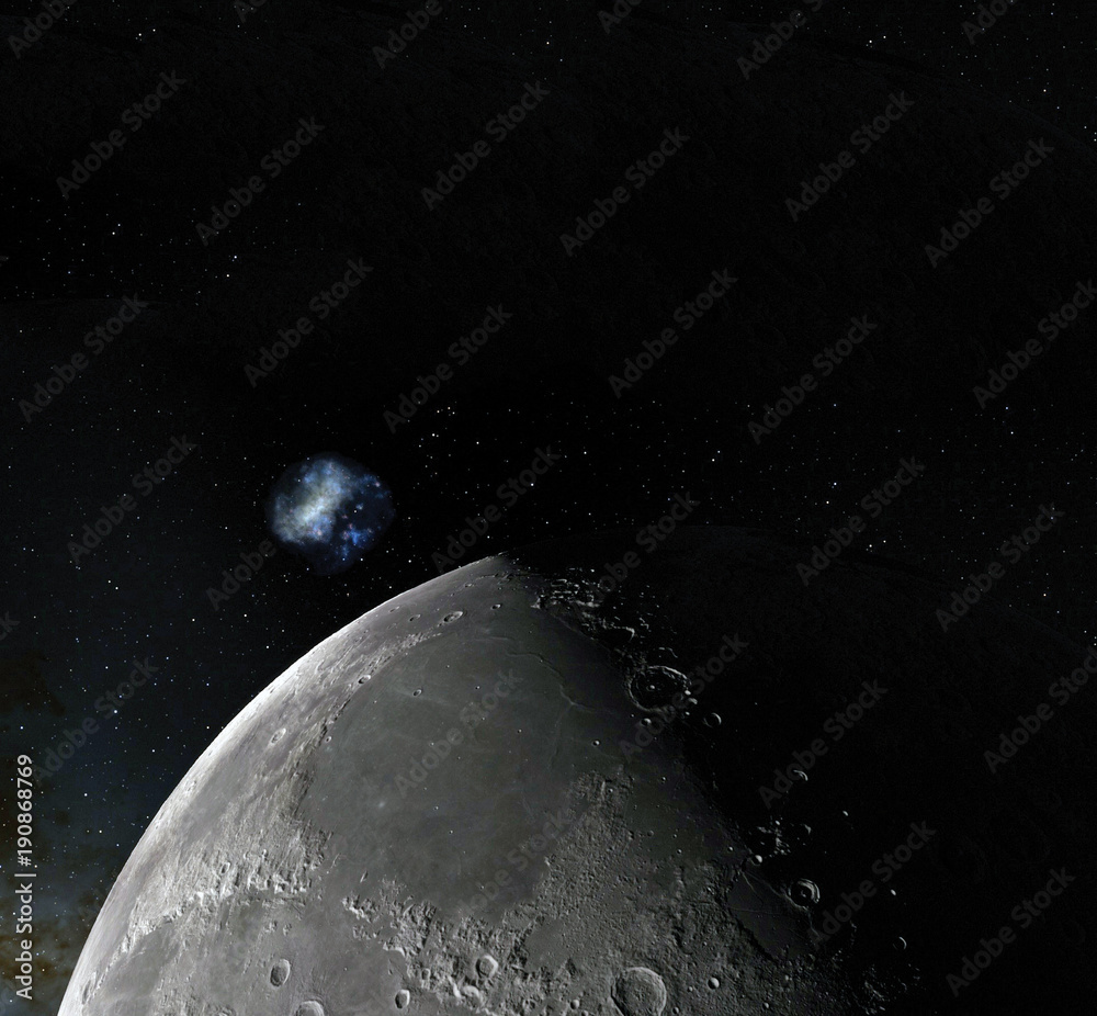Canvas Prints moon surface. realistic 3d render of moon and space. space and planet. satellite. nebula. stars. ele