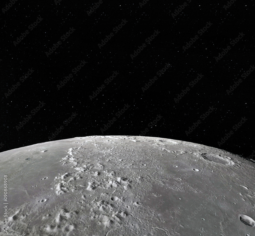 Wall mural moon surface. realistic 3d render of moon and space. space and planet. satellite. nebula. stars. ele