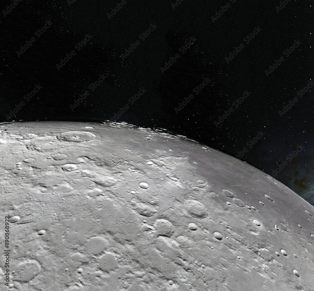 Canvas Prints moon surface. realistic 3d render of moon and space. space and planet. satellite. nebula. stars. ele