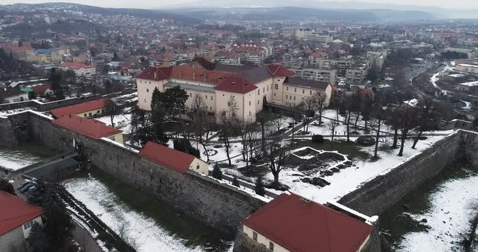 aerial beatiful grimly view on Uzhhorod Castle in winter.