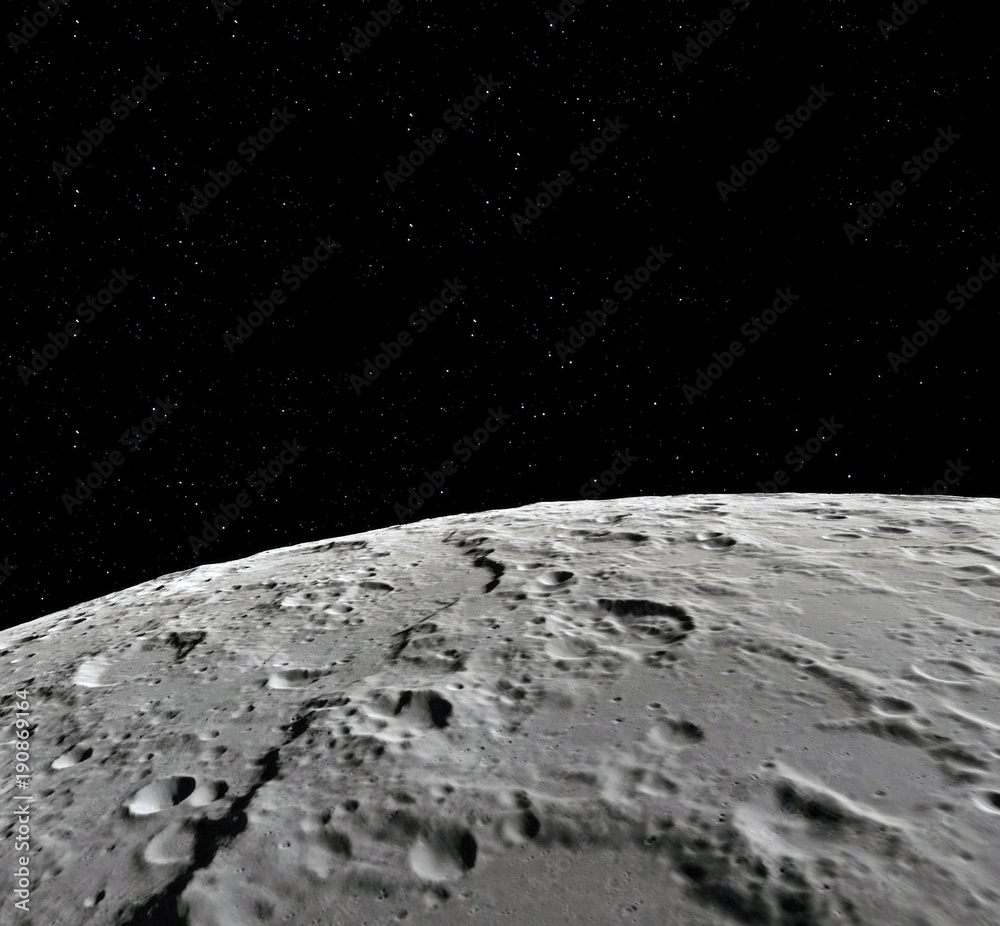 Canvas Prints moon surface. realistic 3d render of moon and space. space and planet. satellite. nebula. stars. ele