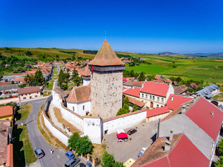 Homorod Fortified Church build by the German Saxons in Transylvania. Aerial view