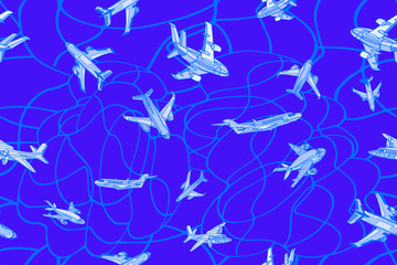 Vector seamless pattern with fantasy airplanes. Abstract travel or transportation blue background. Hand drawn.