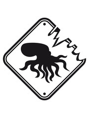 gefahr schild warnung achtung böse gefährlich oktopus tentakel unterwasser tintenfisch riesenkrake kraken comic cartoon design clipart