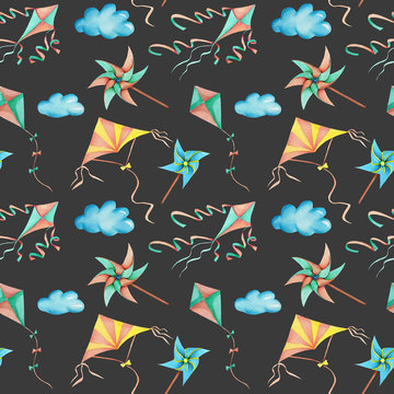 Watercolor flying kites in the sky seamless pattern, hand drawn isolated on a dark background