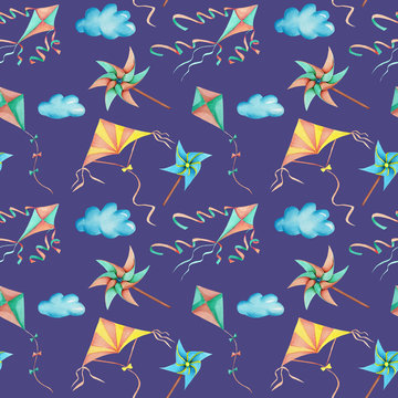 Watercolor flying kites in the sky seamless pattern, hand drawn isolated on a blue background