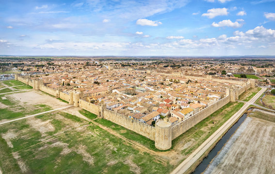 Aerial view of Aigues-Mortes medieval fortified town, Occitanie, France