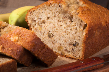 Closeup of a loaf of sliced banana nut sweet bread