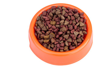 Dry cat food in orange bowl. Pet food isolated on white background
