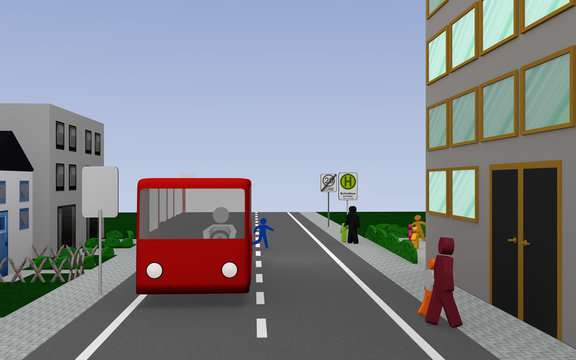 Straße mit Schulbushaltestelle mit deutschem Text: Schulbus werktags, Bus und Fußgängern. 3d render