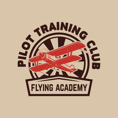 Aviation training center emblem template with retro airplane. Design element for logo, label, emblem, sign.