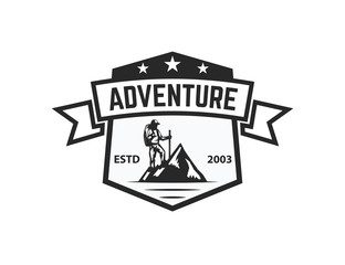 Mountain camp emblem template. Design element for logo, label, emblem, sign.